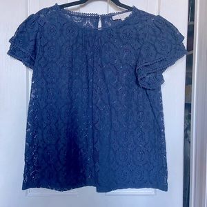 Loft Navy Blue Eyelet Flutter Sleeve Blouse Petite Large PL